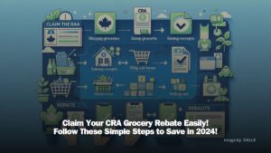 Infographic detailing the steps to claim the CRA's grocery rebate in Canada, featuring icons for shopping, saving receipts, filling out forms, and receiving notifications, all within a trust-evoking blue and green color scheme, accented by Canadian symbols.