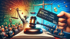 Victorious consumer holding a $15 gift card with legal symbols of justice in the background, symbolizing legal victory and consumer empowerment.