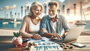 Happy older couple planning retirement with financial growth charts on laptop, beach and sailboat in background, embodying financial security and diverse retirement dreams.