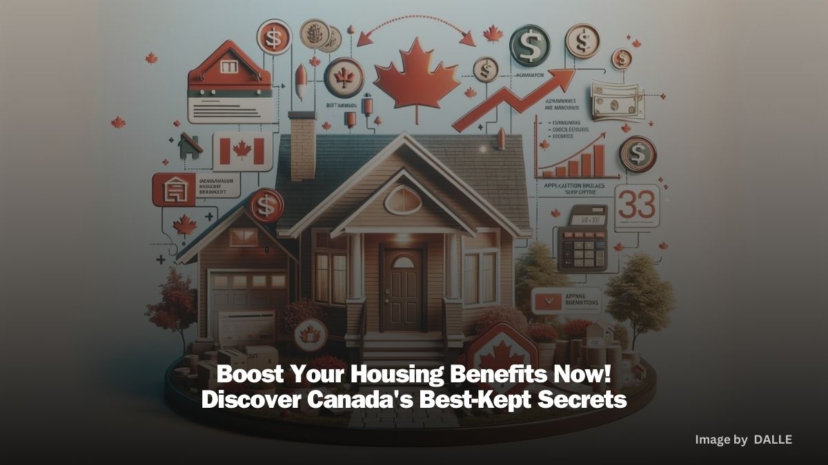 Infographic of a Canadian home showcasing tips for maximizing housing benefits with icons for budget management, application deadlines, and eligibility criteria, surrounded by Canadian currency and a maple leaf.