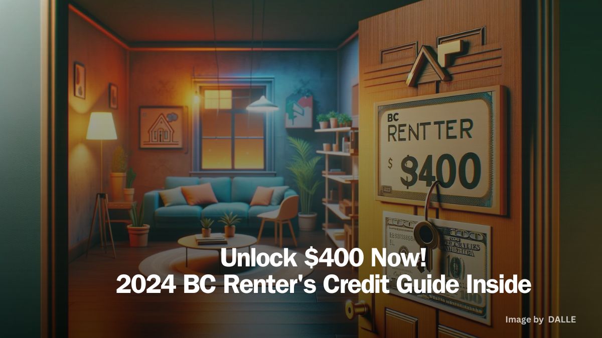 Cozy rental living room with key in door and floating $400 bill representing BC Renter Credit in 2024.