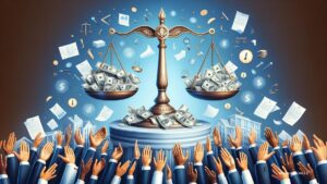 Balanced scale with money and legal documents symbolizing CIBC Class Action Settlement 2024, with diverse hands reaching out.