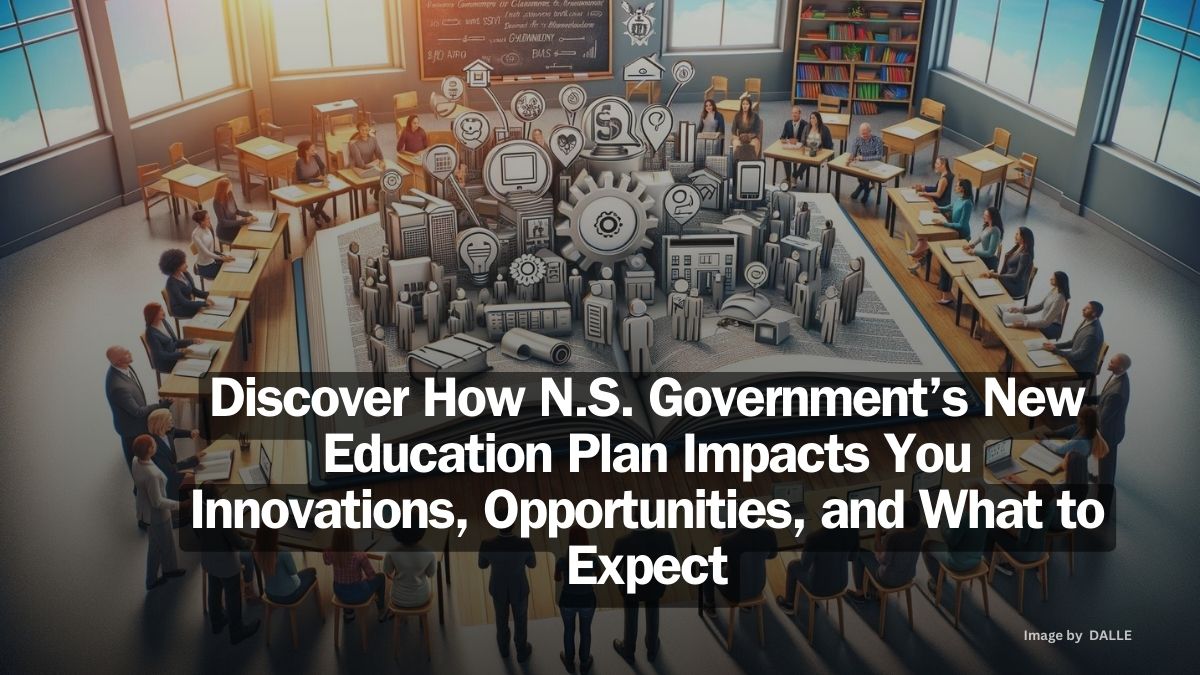 Diverse Nova Scotia residents exploring government's education plan on a digital tablet, symbolizing community engagement and reform benefits.