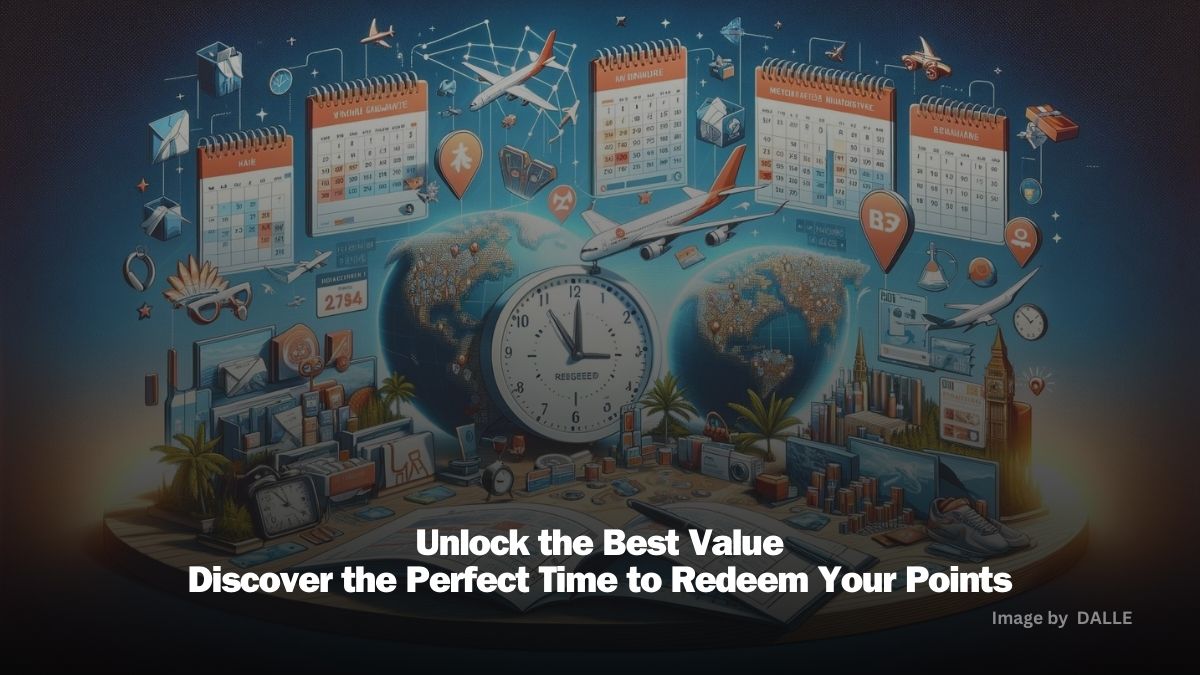 Strategic redemption calendar and clock with Aeroplan and Air Miles rewards on a world map backdrop, highlighting optimal redemption times for maximum value.
