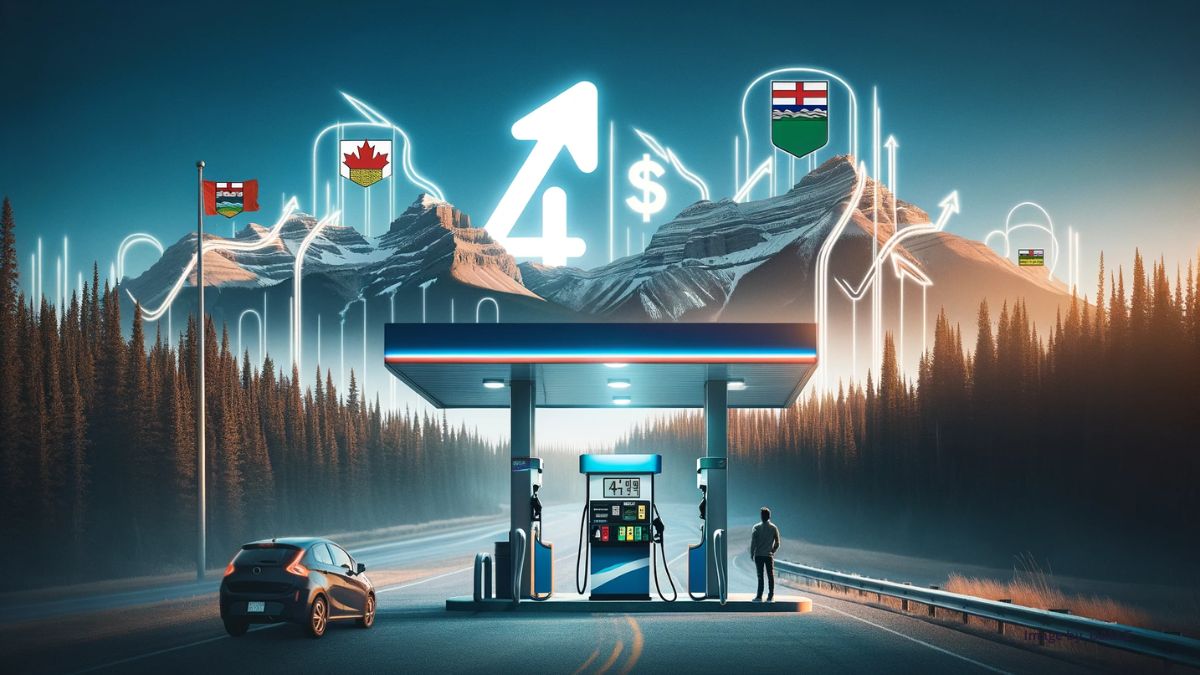 Alberta fuel tax hike illustrated with a gas pump showing a +4¢ increase against a backdrop of iconic Alberta scenery.