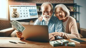 Joyful senior couple viewing OAS increase to $1,850 on laptop in April 2024, with calendar and money in the background.