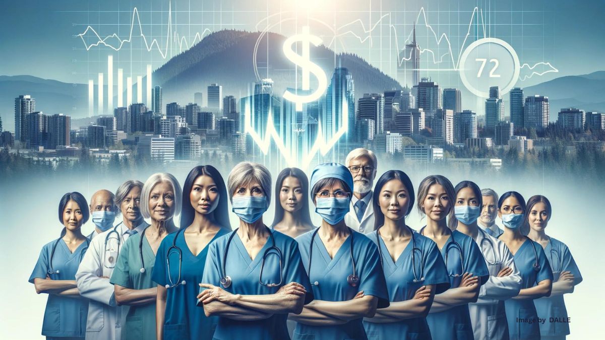 Diverse group of nurses in B.C. showcasing unity and strength, with symbolic financial incentive icons.