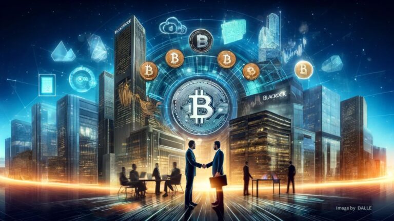 Futuristic cityscape merging BlackRock's traditional finance with Bitcoin's digital currency, showcasing a handshake between a businessman and a tech figure over a graph of Bitcoin's performance.