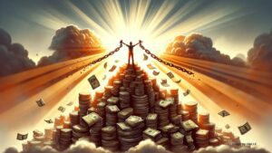 Person achieving Freedom Debt Relief, breaking free from chains on a mountain of debt under sunny skies.