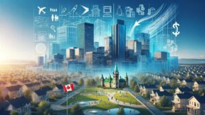 Airdrie's affordable housing development with federal funding, featuring architectural blueprints, community parks, and a rising skyline.