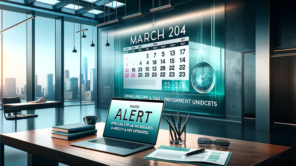 March 2024 CPP and OAS payment dates calendar with highlighted increases and Canadian currency symbols.