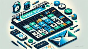 Modern March 2024 calendar with Social Security payment dates highlighted, featuring icons for money, time, and notifications.