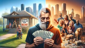 Before-and-after view of a family's life transformation in Harris County with $500 stimulus checks, showcasing joy and financial stability.