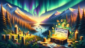 2023 Alaska Permanent Fund Dividend concept with aurora borealis, financial symbols, and optimistic family.