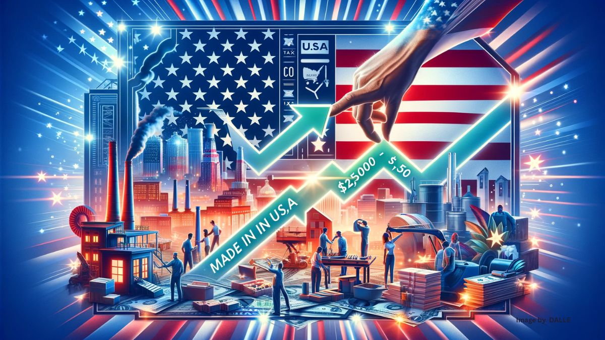 American-made products and factory imagery with a $2,500 - $5,000 Tax Credit badge, symbolizing the USA Tax Credit Act benefits.