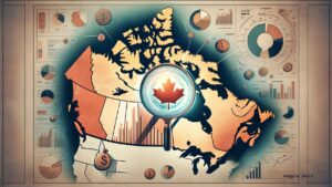Map of Canada highlighting the province with highest bankruptcy rates, featuring a magnifying glass icon and infographic trends.