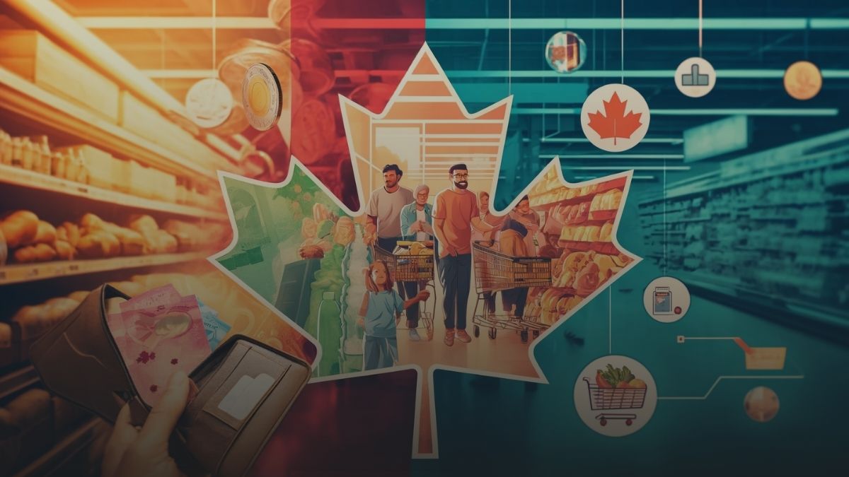 Composite image for Canada Grocery Rebate July 2024 featuring a Canadian flag over currency, a diverse family shopping in a grocery aisle, an infographic on rebate benefits, and a rebate application screen.