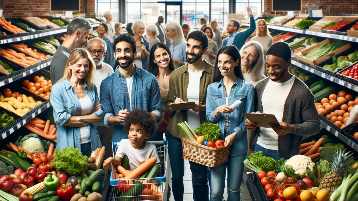 Diverse group grocery shopping, highlighting community and healthy food choices.