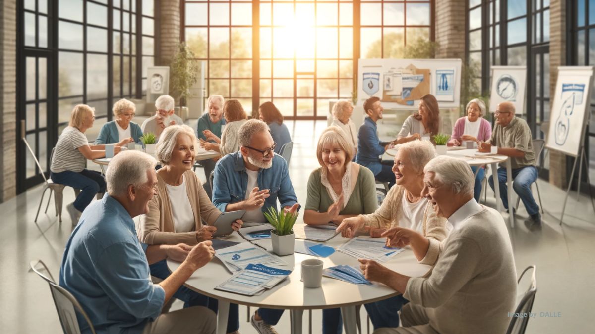 Seniors discussing retirement planning with tablets and laptops in a bright community center.