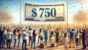 Diverse group celebrating with confetti and a $750 banner, symbolizing financial joy in California. direct deposit