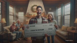 Wisconsin family celebrating with a $7430 tax refund check in their cozy living room.