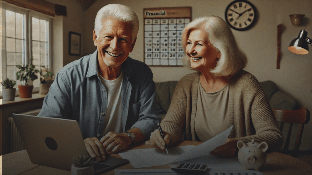 Elderly couple smiling and reviewing financial documents at a table with a laptop and calendar.