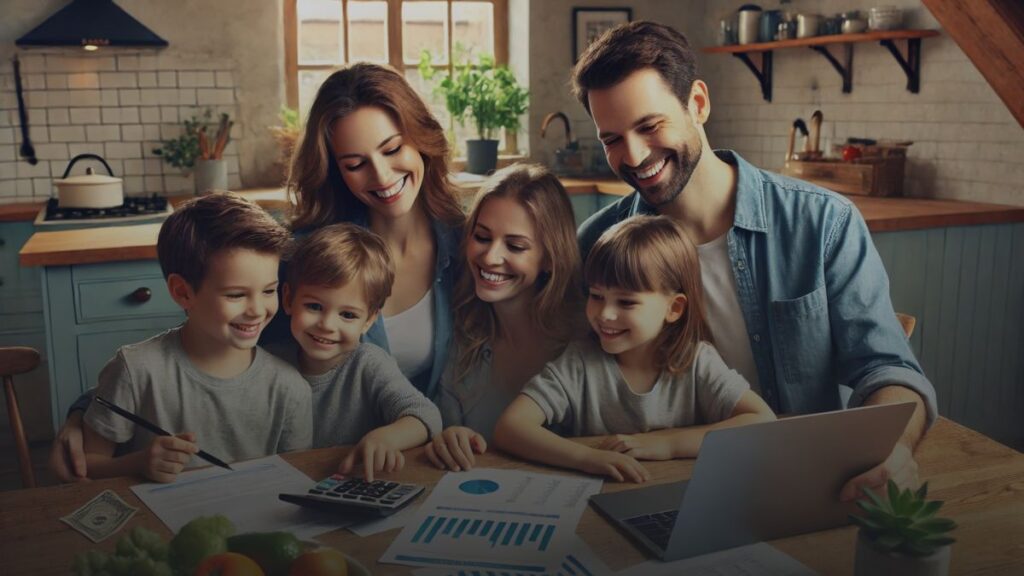 Happy family reviewing financial documents at home