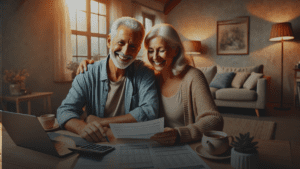 Senior couple reviewing $2600 OAS benefits and financial documents at home, highlighting security and stability.