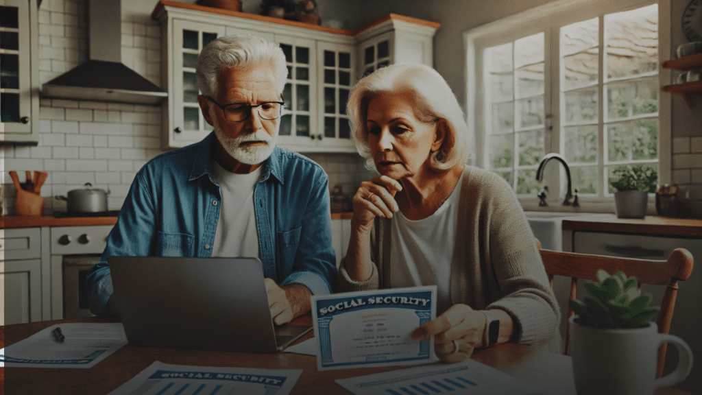 Elderly couple reviewing Social Security benefit changes for 2024 on a laptop at home.