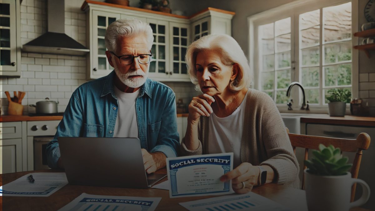 Elderly couple reviewing Social Security benefit changes for 2024 on a laptop at home.