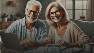 Elderly couple reviewing financial documents at home with Social Security card and money.