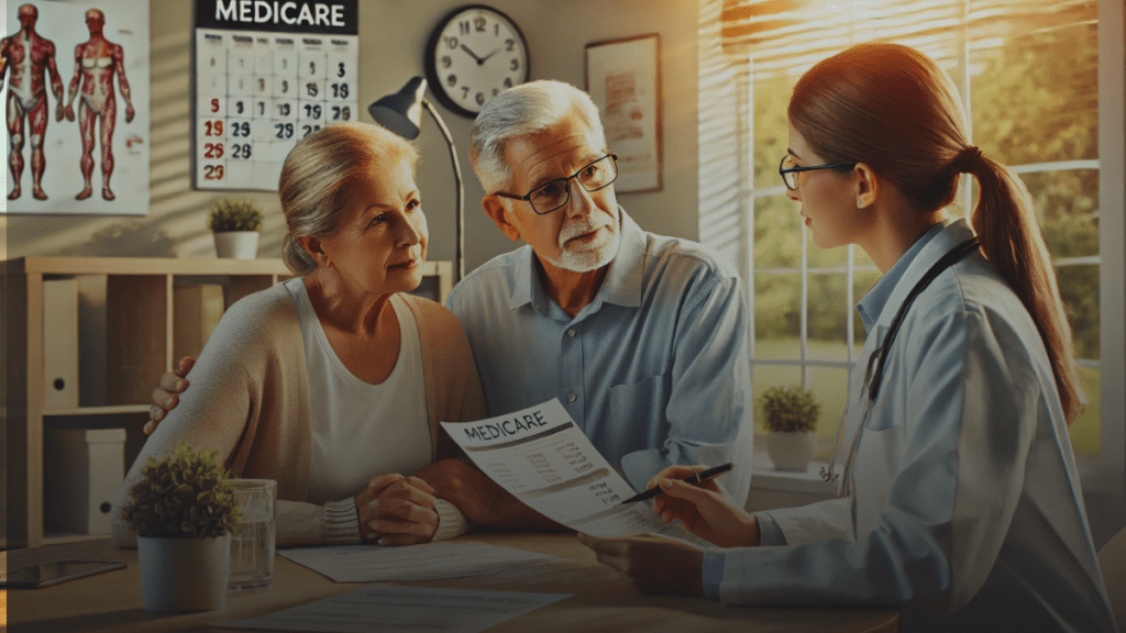 Senior couple reviewing Medicare documents with a healthcare professional in a doctor's office, highlighting Medicare changes for 2024-2025.

