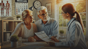 Senior couple reviewing Medicare documents with a healthcare professional in a doctor's office, highlighting Medicare changes for 2024-2025.