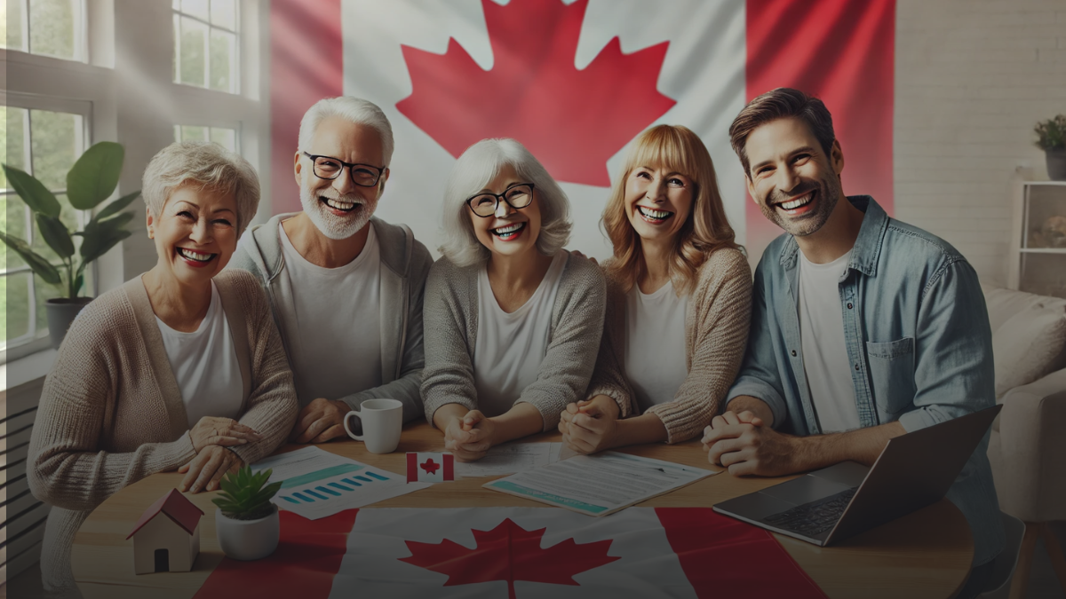 Diverse senior citizens happily discussing GIS financial planning with Canadian symbols in the background.