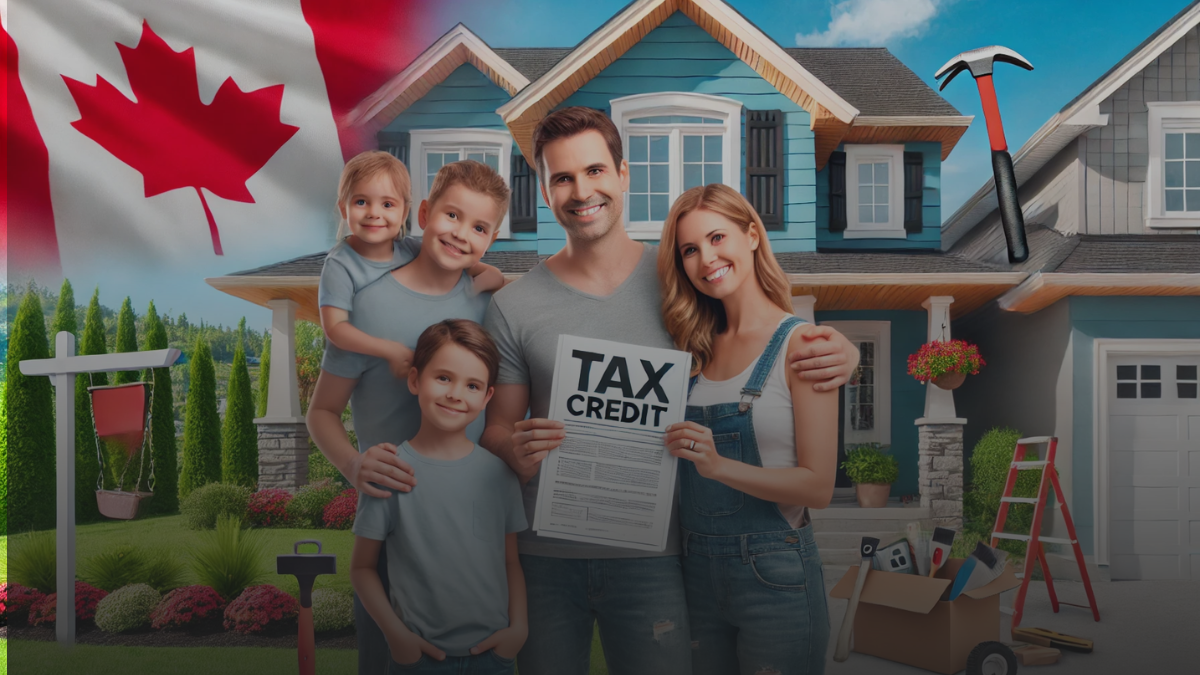 Happy family holding tax credit document in front of renovated home with Canadian flag and renovation tools.