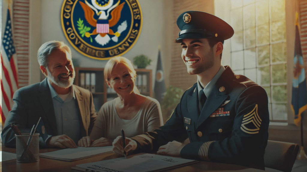 Smiling veteran in uniform filling out a claim form with family and a supportive government representative.