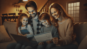 Happy family of four smiling and holding a check in a cozy home setting.