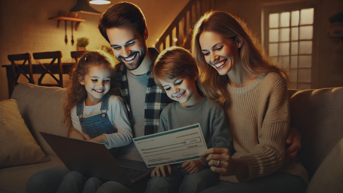 Happy family of four smiling and holding a check in a cozy home setting.