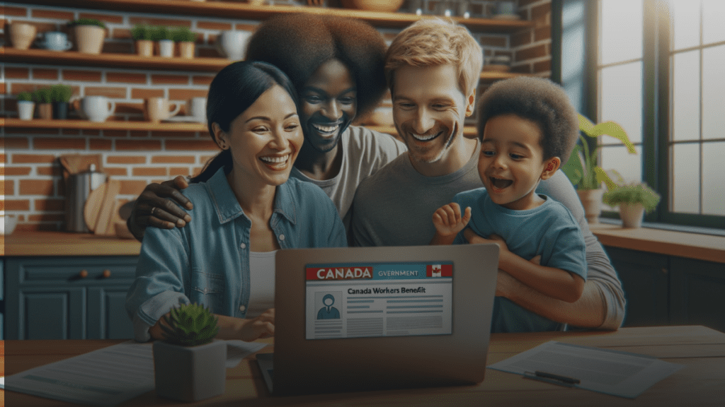 Diverse family celebrating around a kitchen table with a laptop showing Canada Workers Benefit webpage.