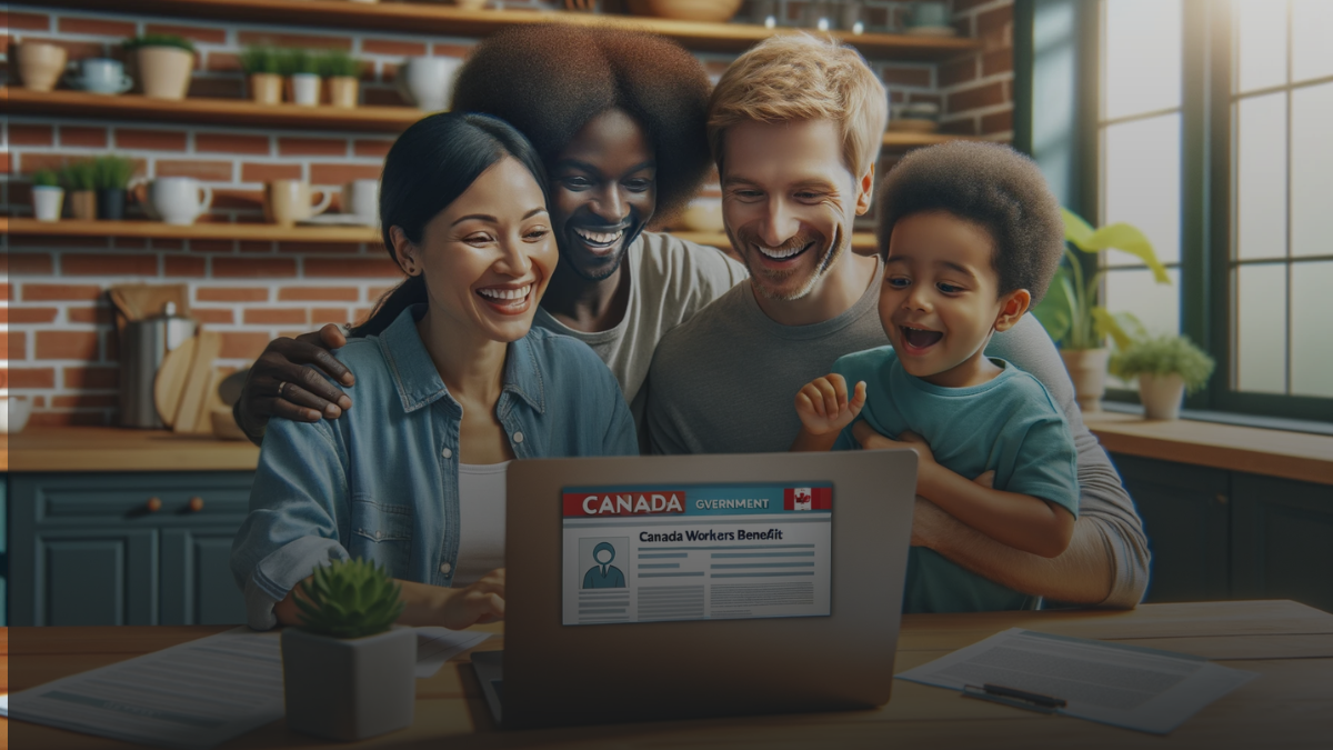 Diverse family celebrating around a kitchen table with a laptop showing Canada Workers Benefit webpage.