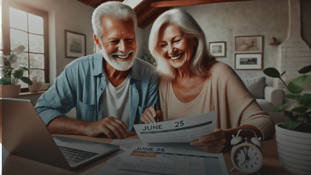 Happy senior couple reviewing financial documents with smiles, calendar marked June 25, cozy home environment.