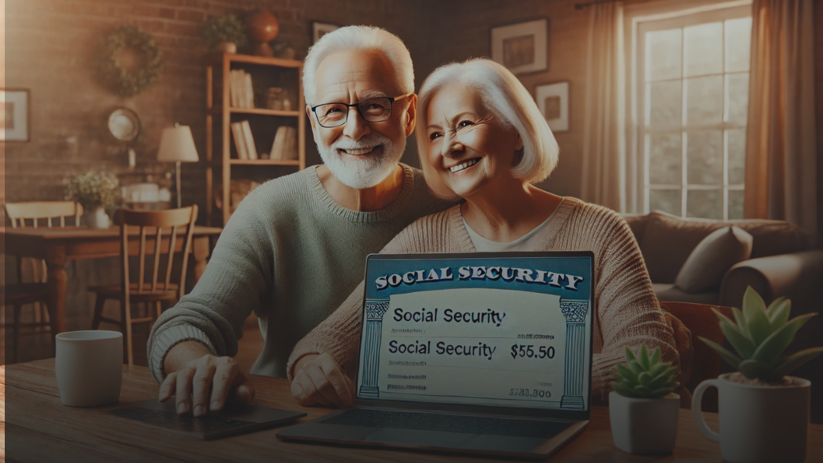 Senior couple reviewing social security payments on laptop at home.