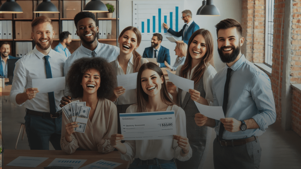  Employees celebrating salary increases in a modern office with documents and a growth chart.