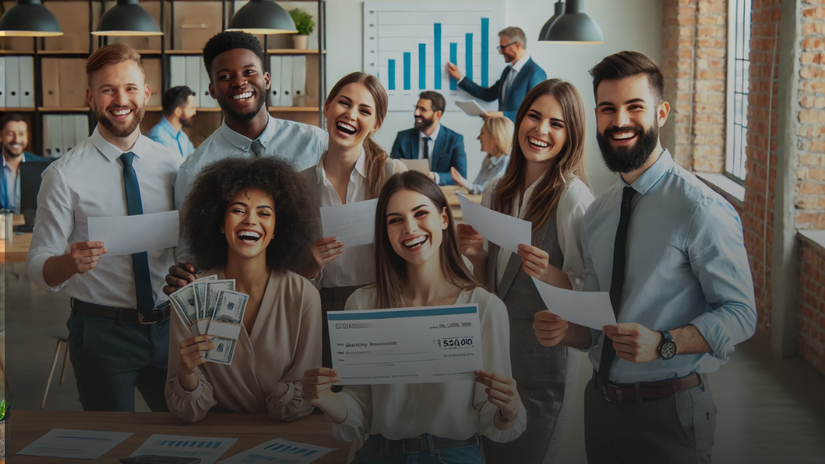 Employees celebrating salary increases in a modern office with documents and a growth chart.