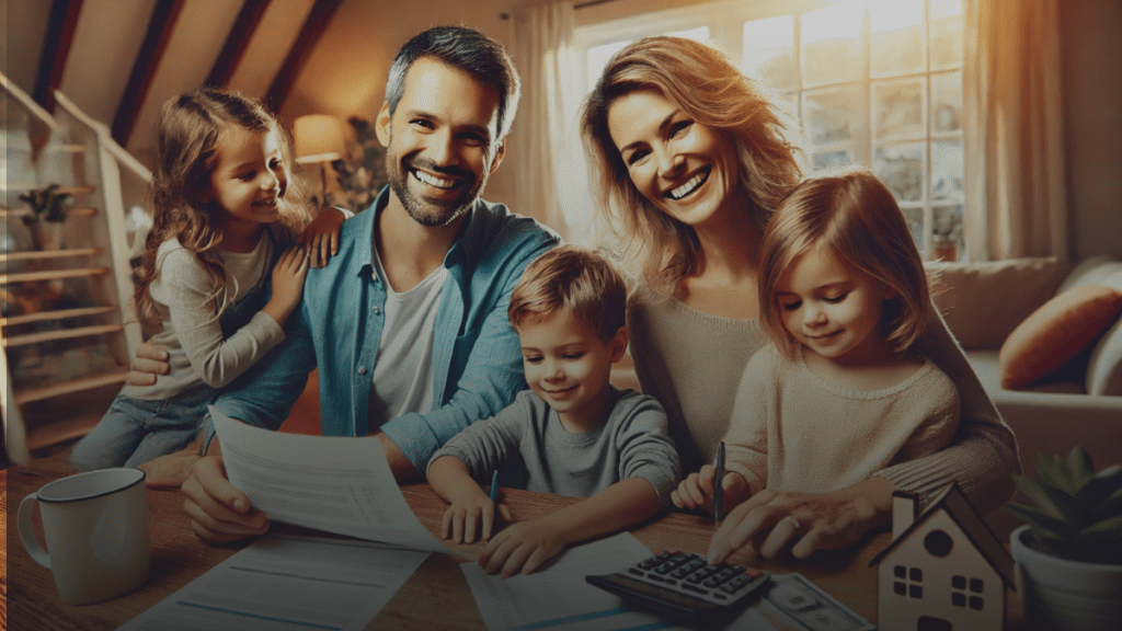 Happy family reviewing child benefit documents at home.