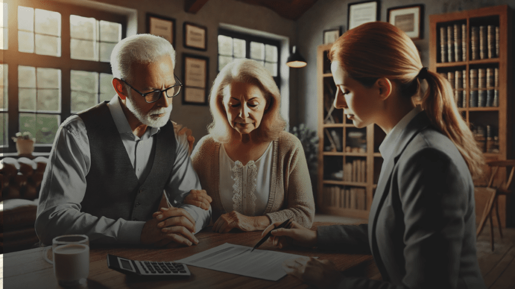 Elderly couple reviewing documents with financial advisor in a cozy office