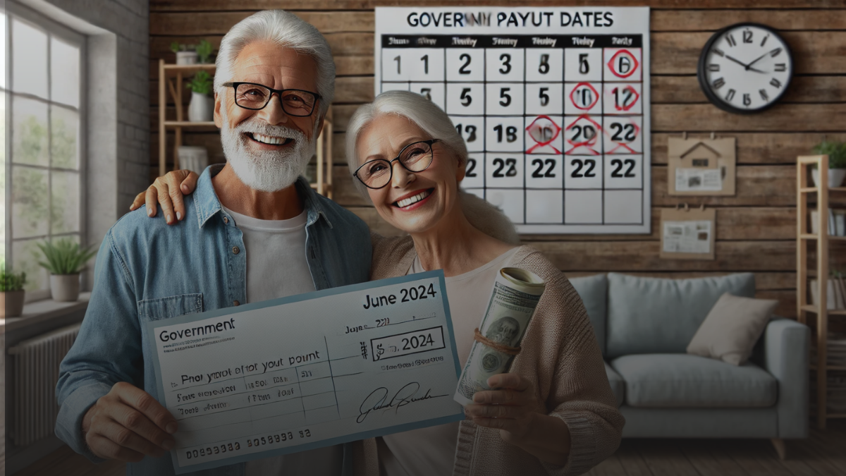 Smiling senior couple holding a cheque and bank statement with a calendar showing June 2024 payout dates.