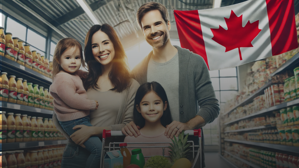 Happy diverse family shopping in a grocery store with Canadian flag background.