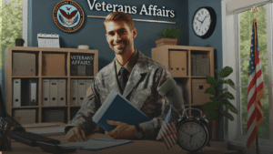 Veteran holding documents in office, emphasizing urgency and positive outcome for VA Canada Disability Pension Settlement.