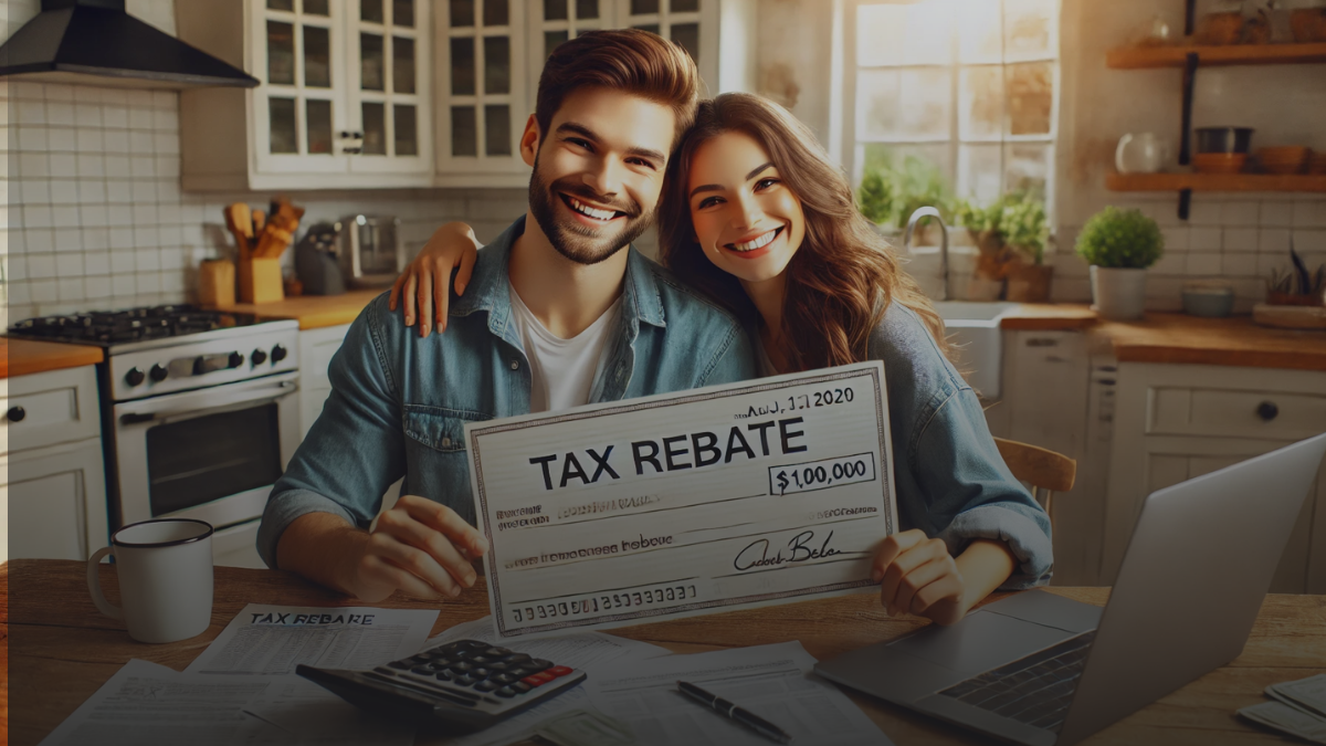 Cheerful couple holding tax rebate check with laptop and documents on kitchen table.